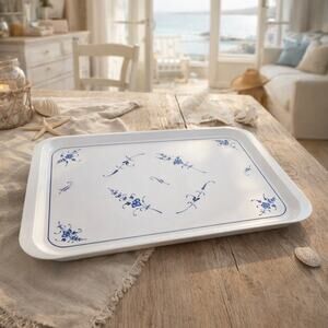 Vtg. Villeroy and Boch Melamine Blue and White Rectangular Serving Tray Tea